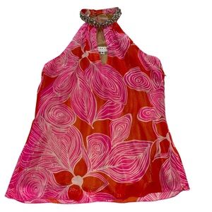 TRINA TURK SILK keyhole beaded halter lined pink orange metallic tunic top sz 6
